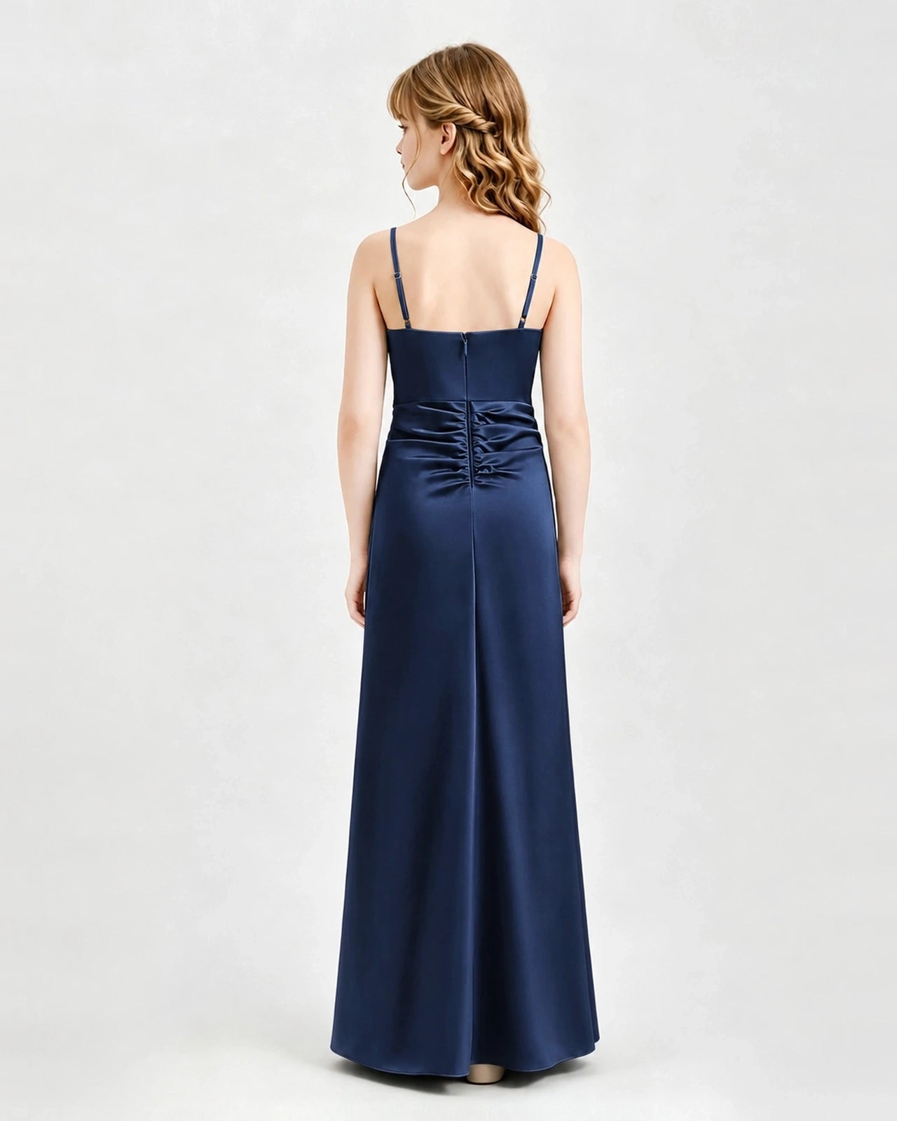 Navy Blue Junior Bridesmaid Dress Ruched Bodice Slit Satin Floor-Length Gown Back View