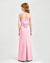 Pink Junior Bridesmaid Dress Ruched Bodice Slit Satin Floor-Length Gown Back View
