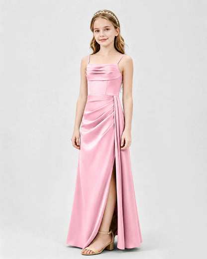 Pink Junior Bridesmaid Dress Ruched Bodice Slit Satin Floor-Length Gown Side View