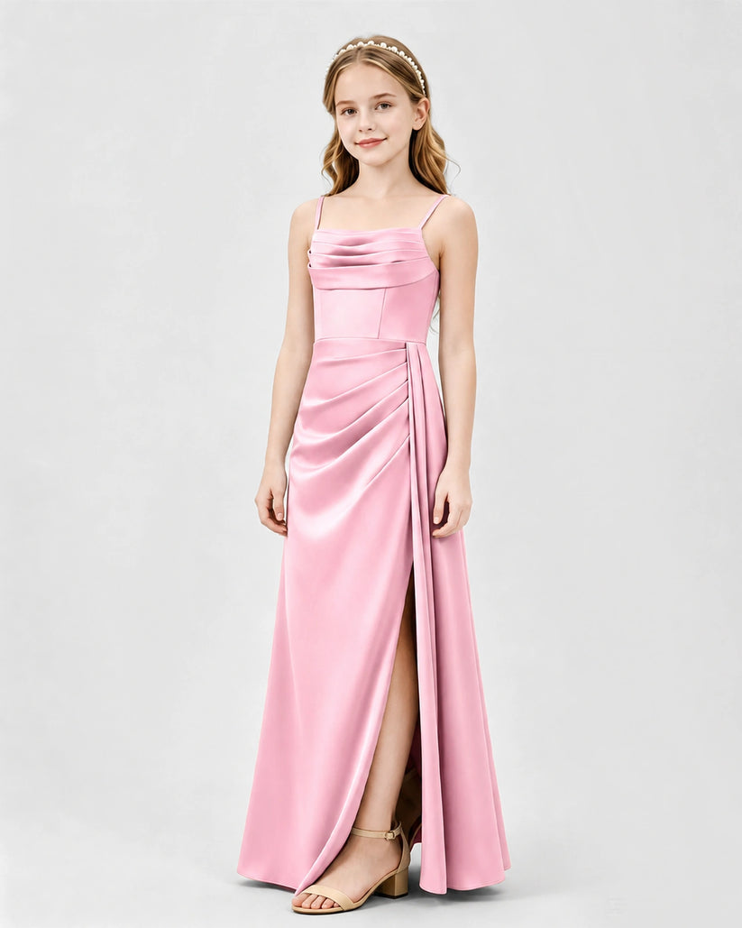 Pink Satin A-line Junior Bridesmaid Dress Front View