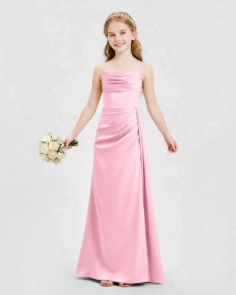 Pink Satin A-line Junior Bridesmaid Dress Front View