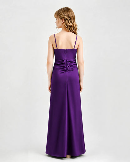 Purple Junior Bridesmaid Dress Ruched Bodice Slit Satin Floor-Length Gown Back View