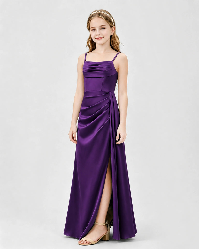 Purple Satin A-line Junior Bridesmaid Dress Front View
