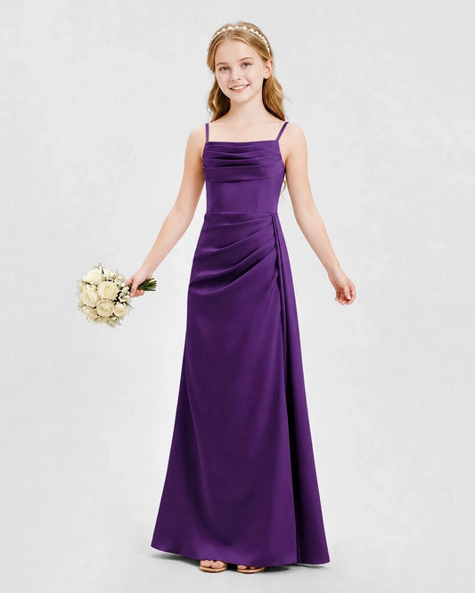 Purple Satin A-line Junior Bridesmaid Dress Front View