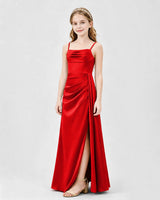 Red Satin A-line Junior Bridesmaid Dress Front View