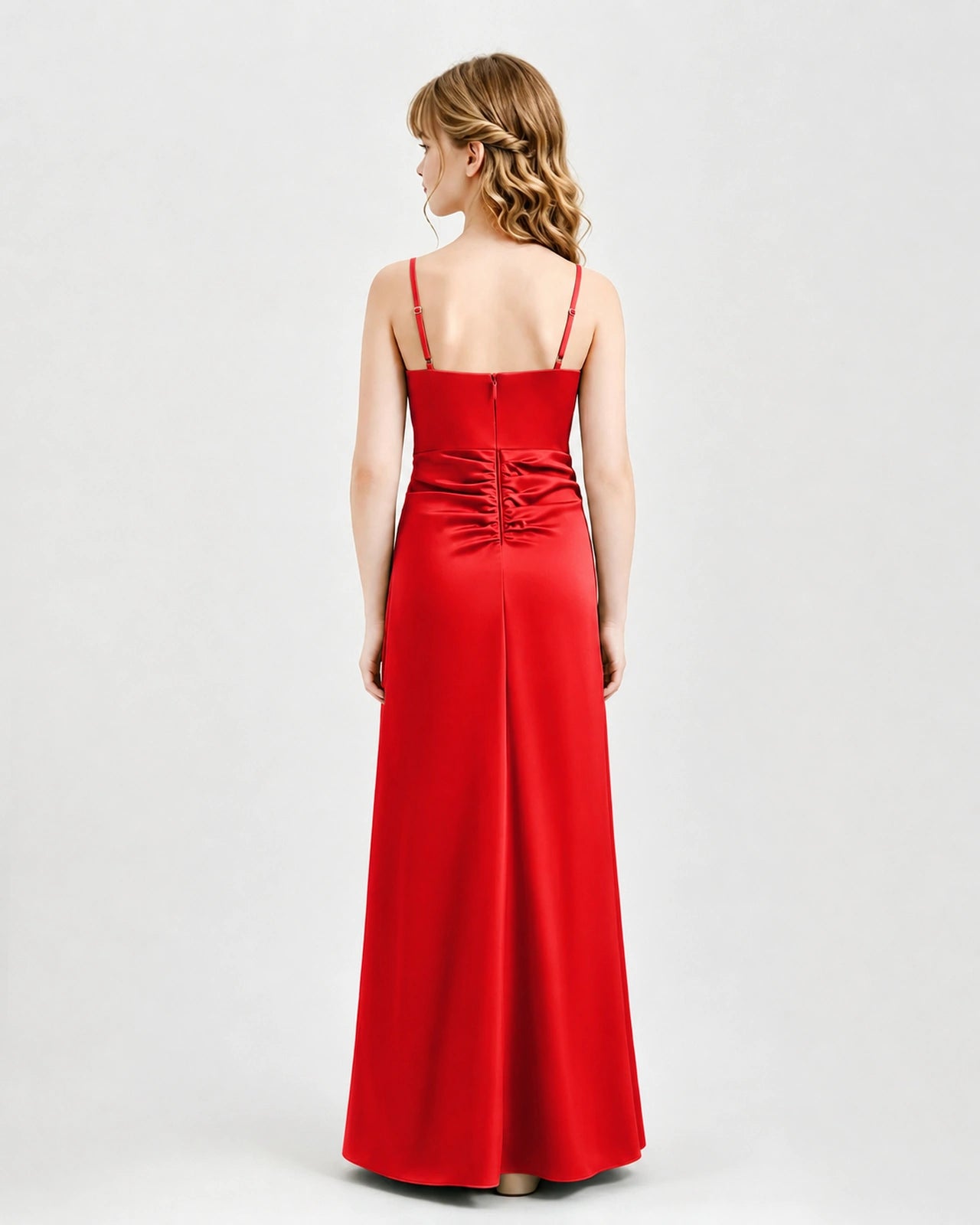 Red Junior Bridesmaid Dress Ruched Bodice Slit Satin Floor-Length Gown Back View