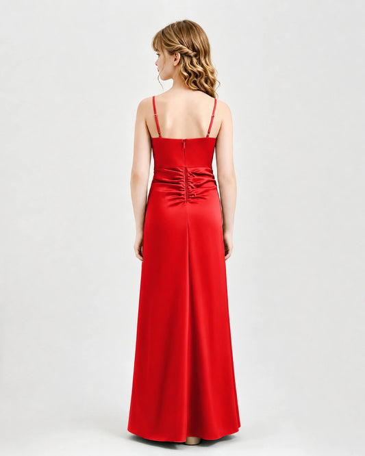 Red Satin A-line Junior Bridesmaid Dress Back View