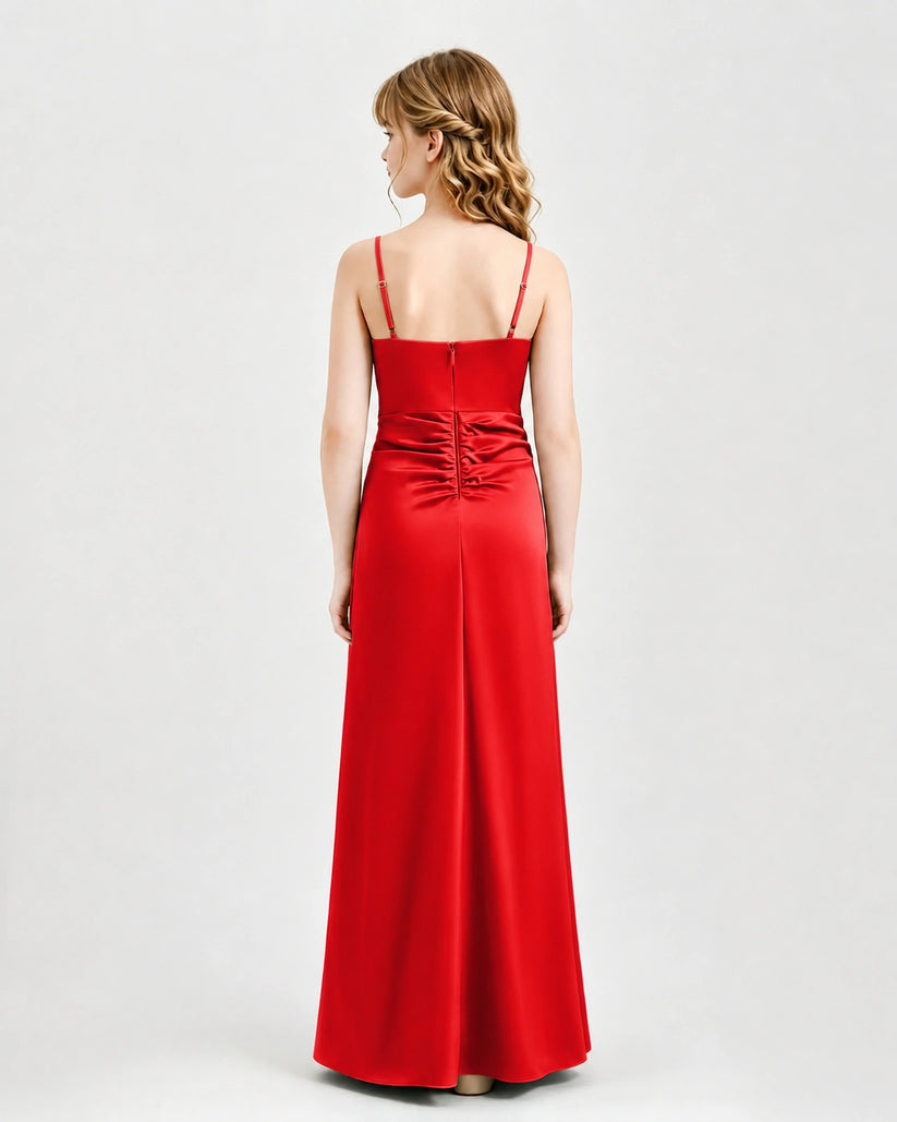 Red Satin A-line Junior Bridesmaid Dress Back View