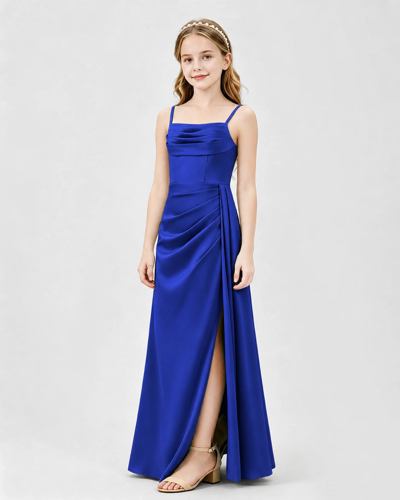 Royal Blue Satin A-line Junior Bridesmaid Dress Front View