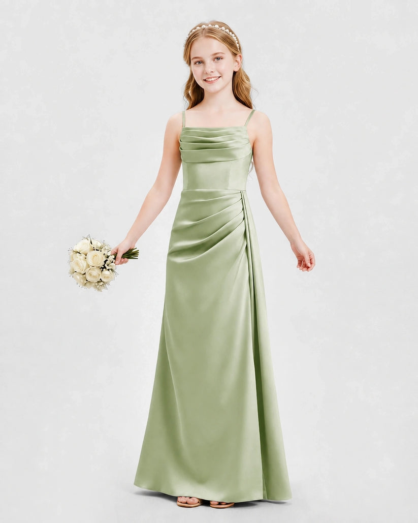 Sage Green Satin A-line Junior Bridesmaid Dress Front View
