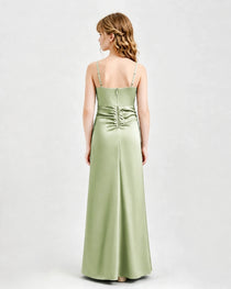 Sage Green Junior Bridesmaid Dress Ruched Bodice Slit Satin Floor-Length Gown Back View
