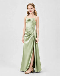 Sage Green Junior Bridesmaid Dress Ruched Bodice Slit Satin Floor-Length Gown Side View