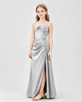 Silver Satin A-line Junior Bridesmaid Dress Front View