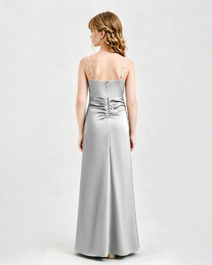 Silver Junior Bridesmaid Dress Ruched Bodice Slit Satin Floor-Length Gown Back View