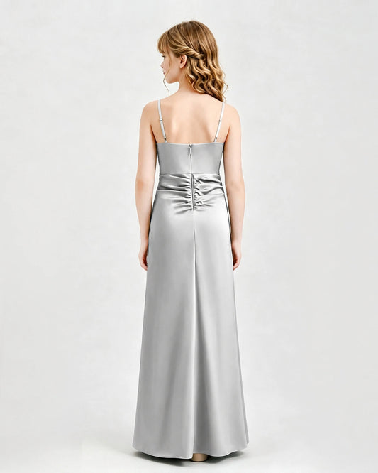 Silver Satin A-line Junior Bridesmaid Dress Back View