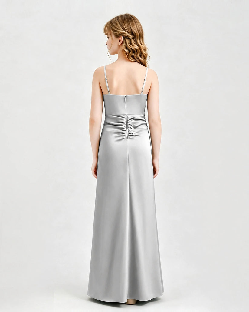 Silver Satin A-line Junior Bridesmaid Dress Back View
