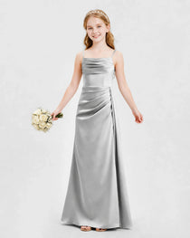 Silver Junior Bridesmaid Dress Ruched Bodice Slit Satin Floor-Length Gown Front View