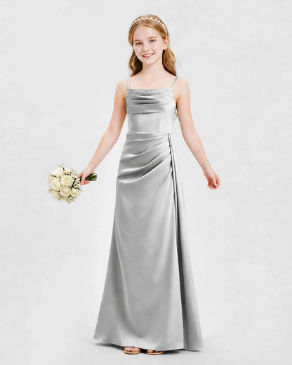 Silver Junior Bridesmaid Dress Ruched Bodice Slit Satin Floor-Length Gown Front View