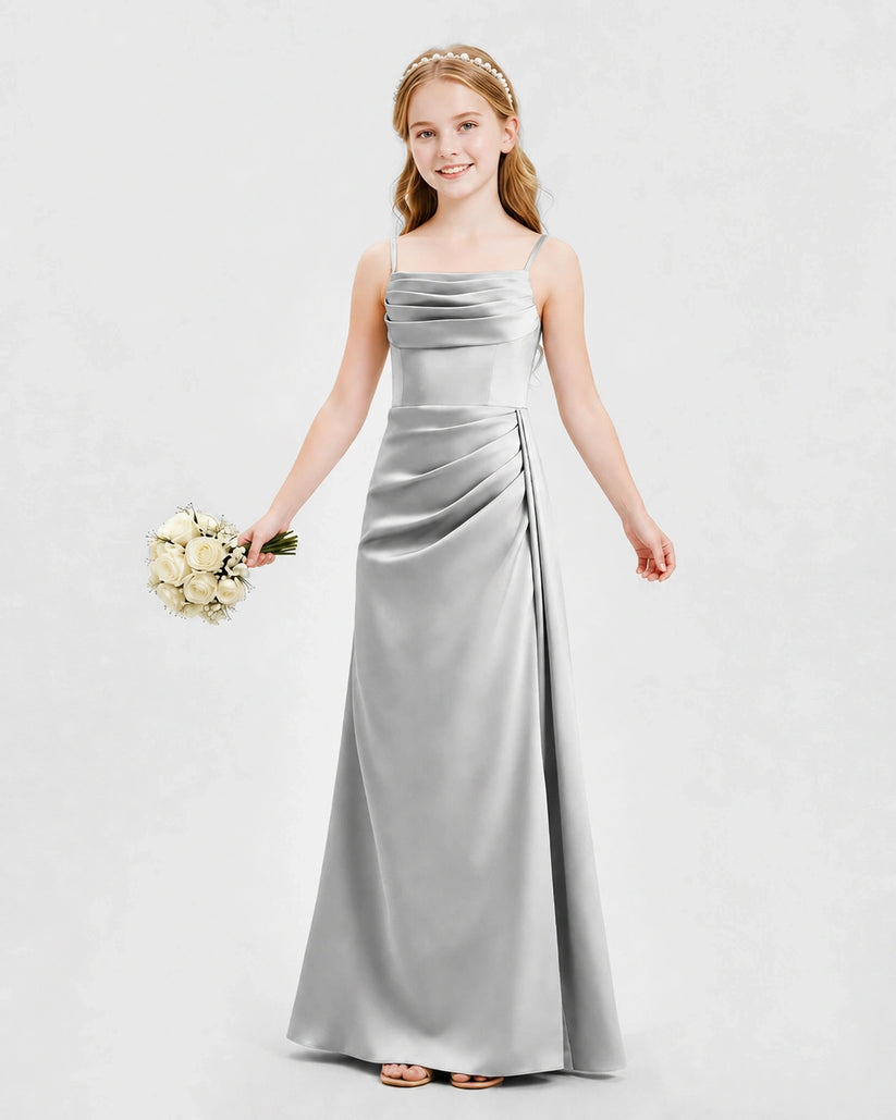 Silver Satin A-line Junior Bridesmaid Dress Front View