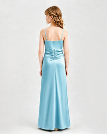 Sky Blue Junior Bridesmaid Dress Ruched Bodice Slit Satin Floor-Length Gown Back View