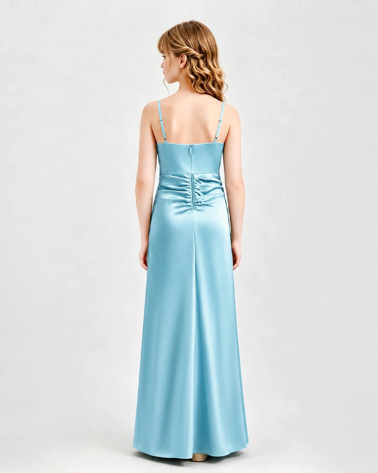 Sky Blue Junior Bridesmaid Dress Ruched Bodice Slit Satin Floor-Length Gown Back View