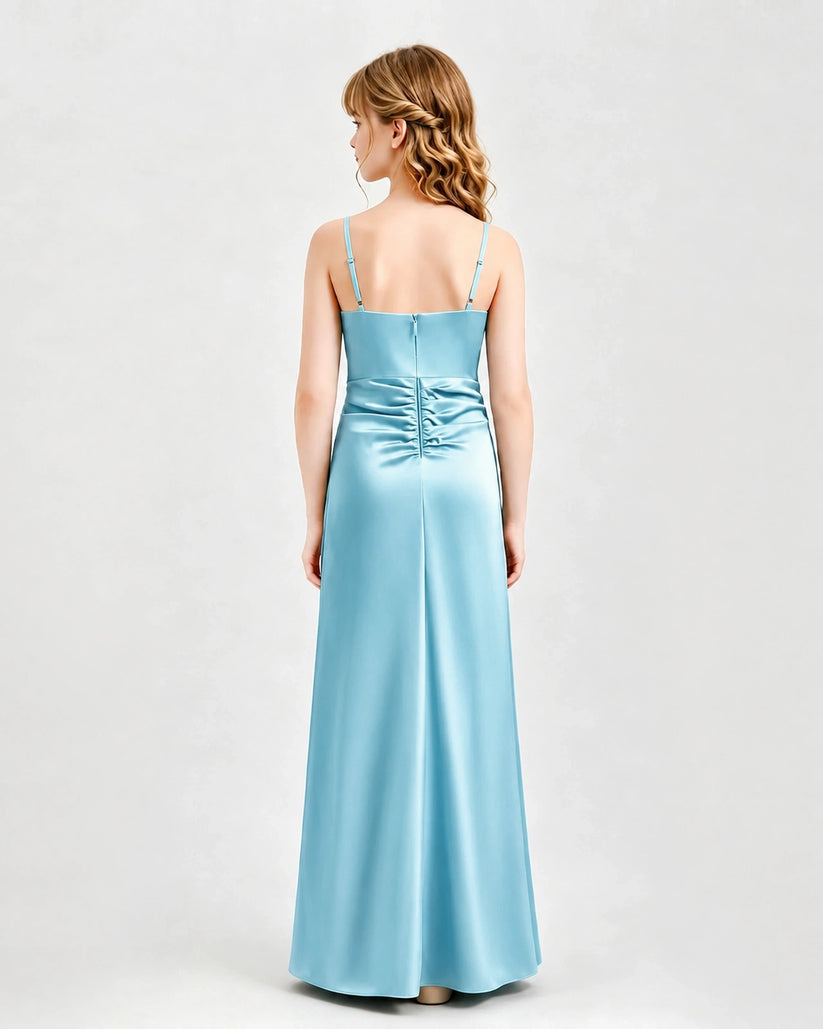 Sky Blue Satin A-line Junior Bridesmaid Dress Back View