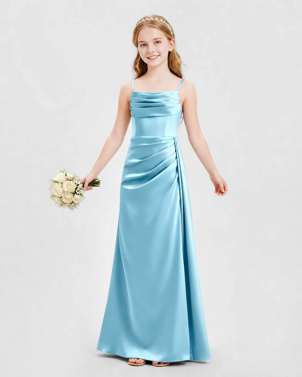 Sky Blue Junior Bridesmaid Dress Ruched Bodice Slit Satin Floor-Length Gown Front View