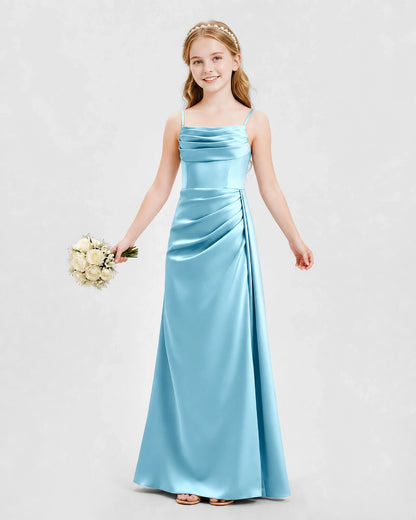 Sky Blue Junior Bridesmaid Dress Ruched Bodice Slit Satin Floor-Length Gown Front View