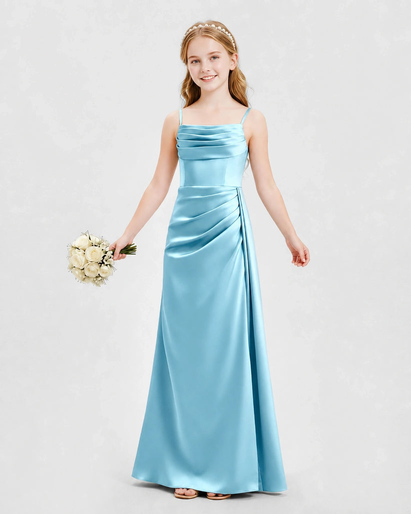 Sky Blue Satin A-line Junior Bridesmaid Dress Front View