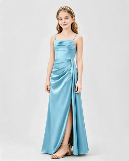 Sky Blue Junior Bridesmaid Dress Ruched Bodice Slit Satin Floor-Length Gown Side View