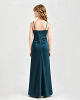 Teal Satin A-line Junior Bridesmaid Dress Back View
