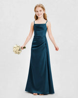 Teal Satin A-line Junior Bridesmaid Dress Front View