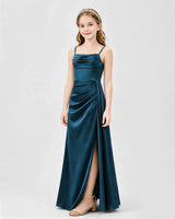 Teal Satin A-line Junior Bridesmaid Dress Front View