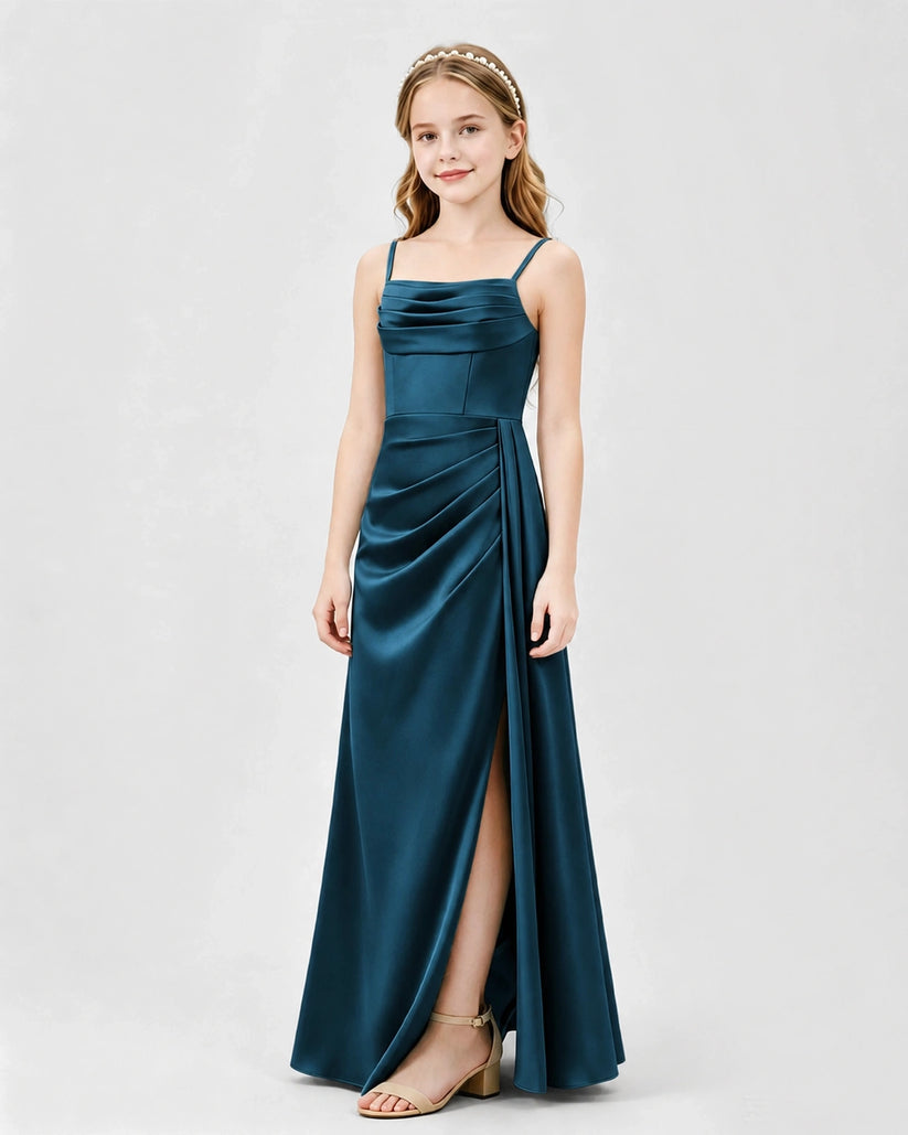 Teal Satin A-line Junior Bridesmaid Dress Front View