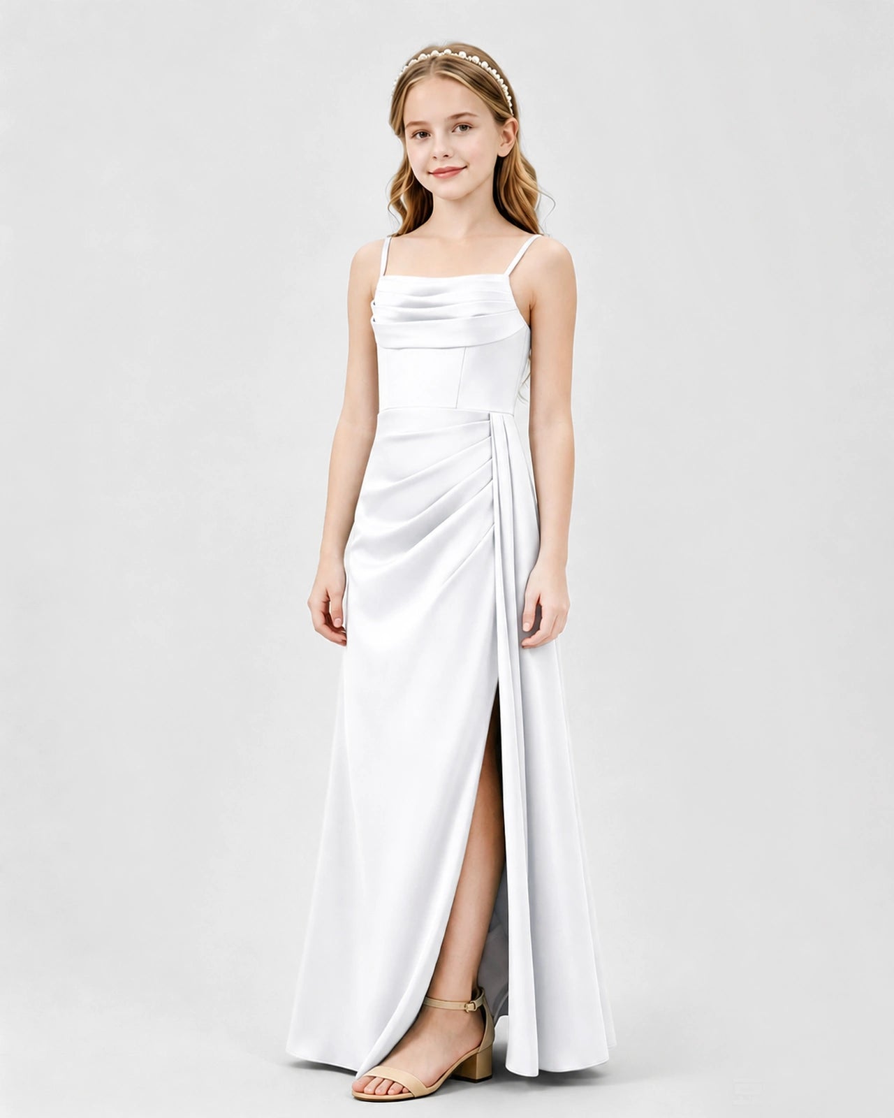 White Junior Bridesmaid Dress Ruched Bodice Slit Satin Floor-Length Gown Side View