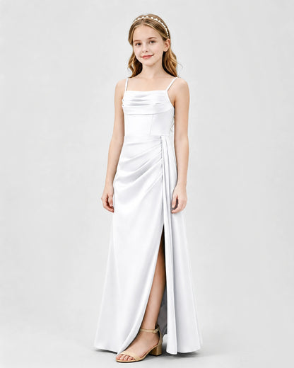 White Junior Bridesmaid Dress Ruched Bodice Slit Satin Floor-Length Gown Side View