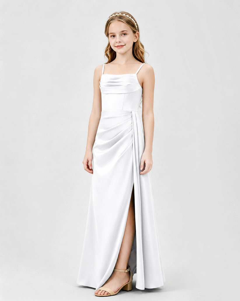 White Satin A-line Junior Bridesmaid Dress Front View