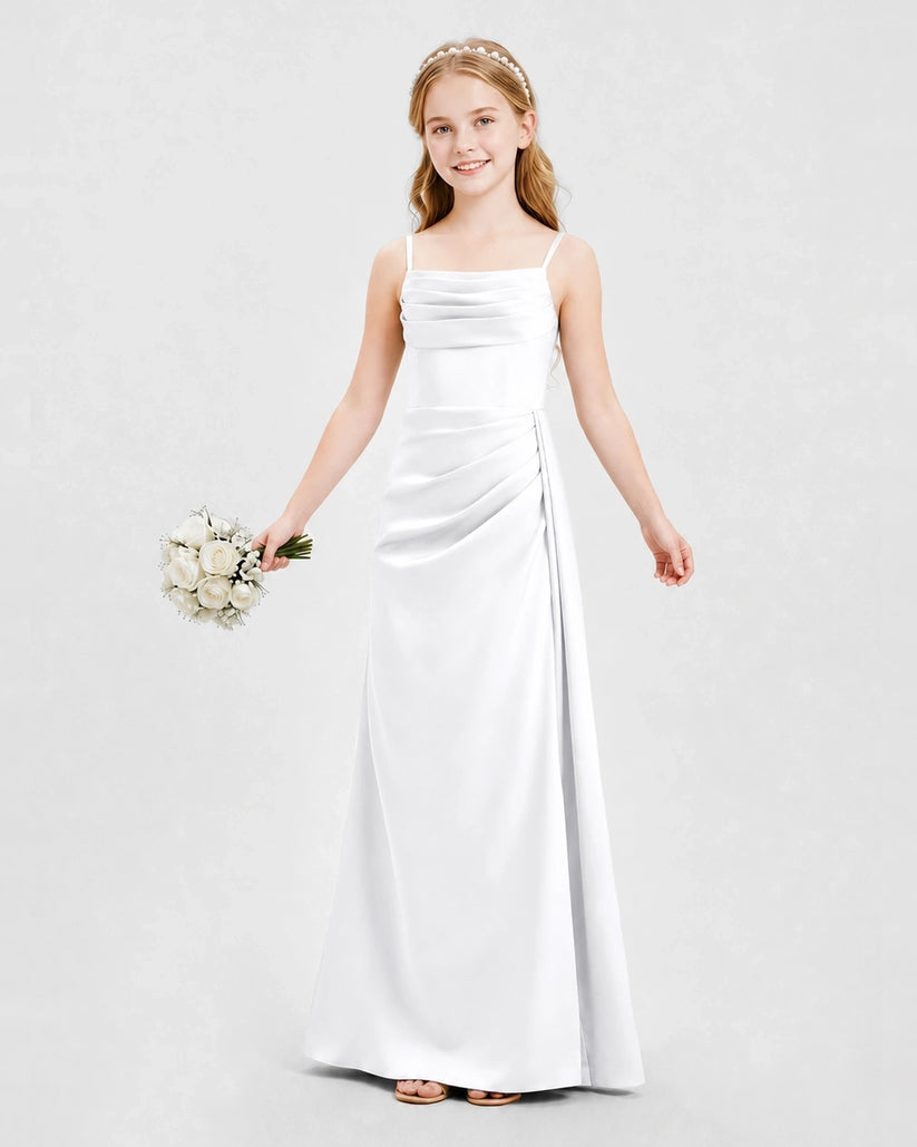 White Satin A-line Junior Bridesmaid Dress Front View