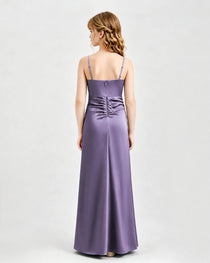 Wisteria Junior Bridesmaid Dress Ruched Bodice Slit Satin Floor-Length Gown Back View