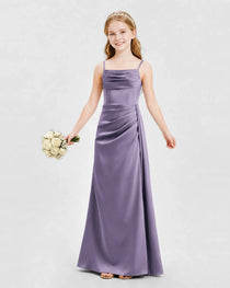 Wisteria Junior Bridesmaid Dress Ruched Bodice Slit Satin Floor-Length Gown Front View