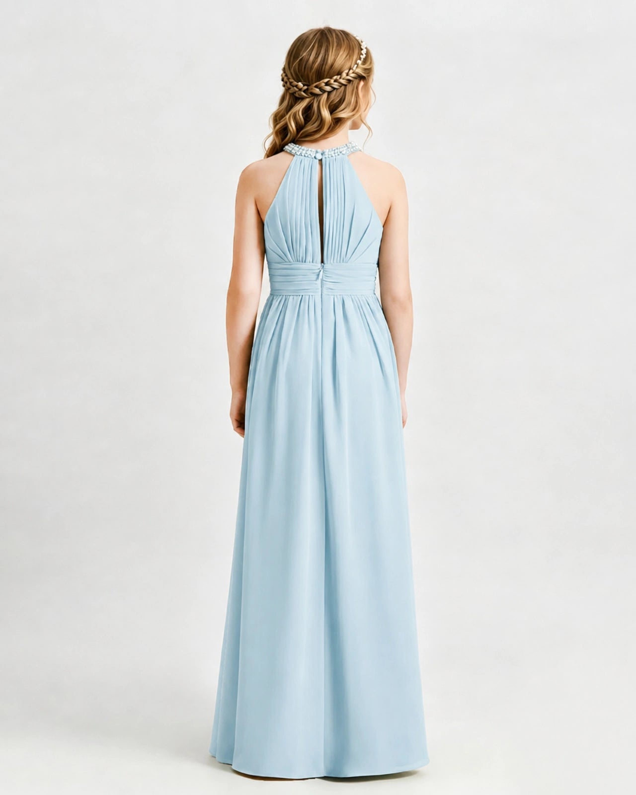 Baby Blue Junior Bridesmaid Dress Pearl Trim Halter Slit Chiffon Floor-Length Gown Back View