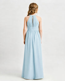 Baby Blue Junior Bridesmaid Dress Pearl Trim Halter Slit Chiffon Floor-Length Gown Back View