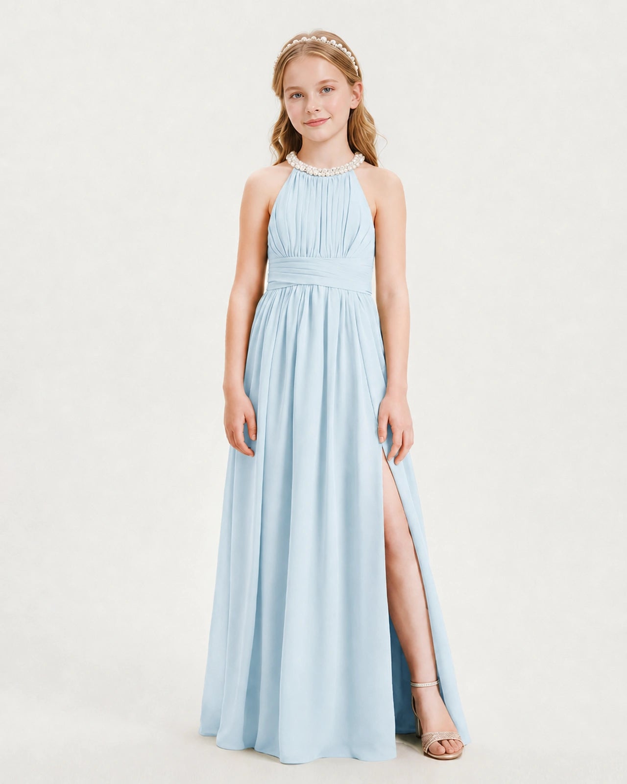 Baby Blue Junior Bridesmaid Dress Pearl Trim Halter Slit Chiffon Floor-Length Gown Front View