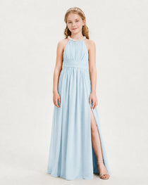 Baby Blue Junior Bridesmaid Dress Pearl Trim Halter Slit Chiffon Floor-Length Gown Front View