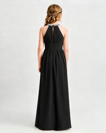Black Junior Bridesmaid Dress Pearl Trim Halter Slit Chiffon Floor-Length Gown Back View