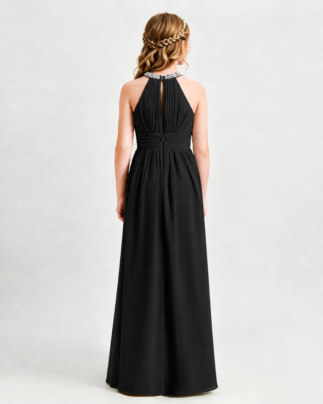 Black Junior Bridesmaid Dress Pearl Trim Halter Slit Chiffon Floor-Length Gown Back View