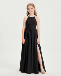 Black Junior Bridesmaid Dress Pearl Trim Halter Slit Chiffon Floor-Length Gown Front View