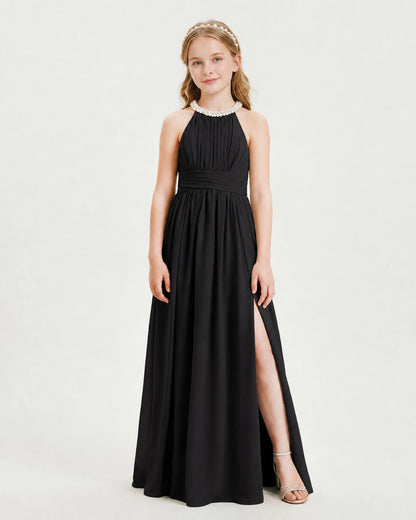 Black Junior Bridesmaid Dress Pearl Trim Halter Slit Chiffon Floor-Length Gown Front View