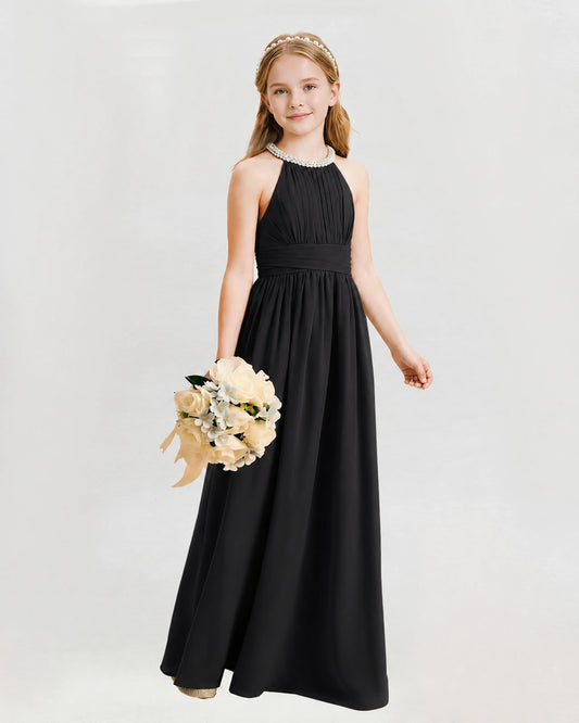 Black Chiffon A-line Junior Bridesmaid Dress Front View