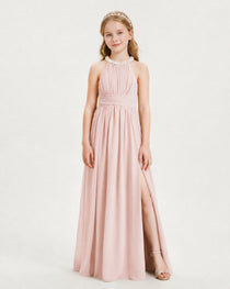 Blush Pink Junior Bridesmaid Dress Pearl Trim Halter Slit Chiffon Floor-Length Gown Front View